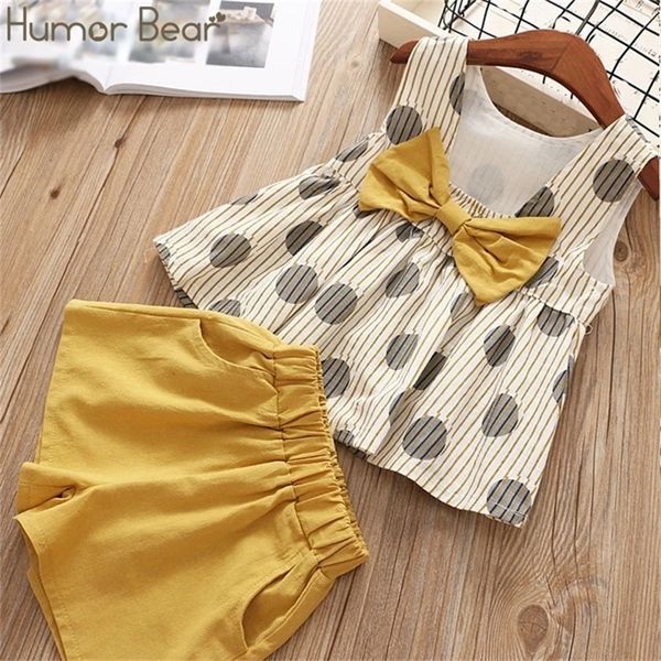 

humor bear summer grils clothes korean dot girl big bow t-shirt+ shorts children clothing set kids girls clothes suit 220425, White