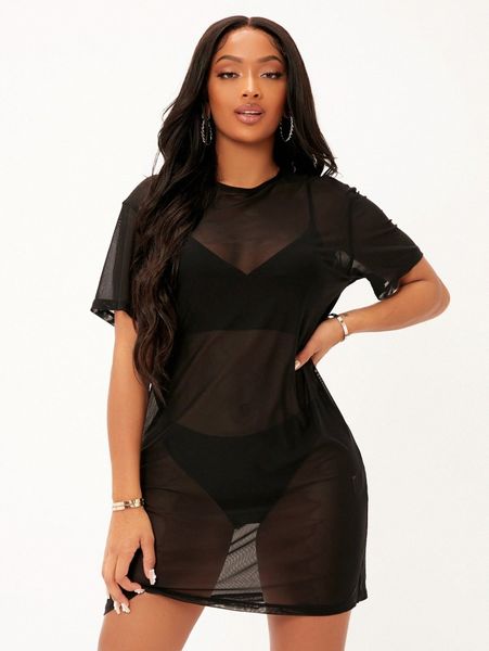 

drop shoulder sheer mesh dress l1o7#, Black;gray