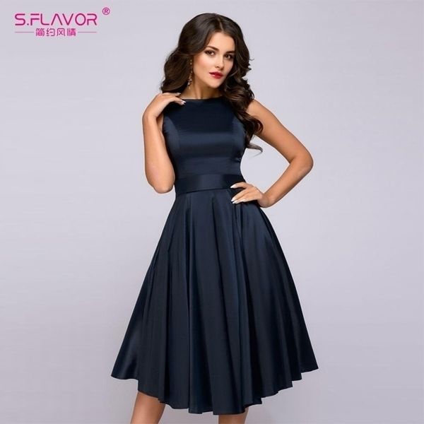

s.flavor vintage style women midi dress fashion sleeveless elegant aline vestidos with belt solid women vintage dresses y200101, White;black