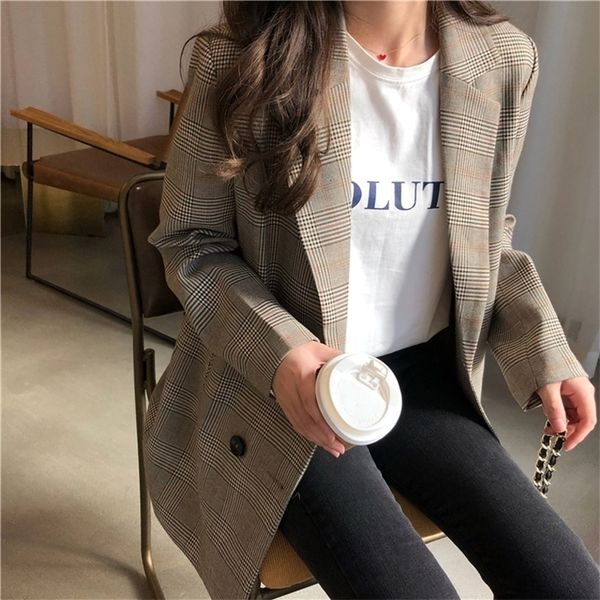 

office ladies notched collar plaid women blazer double breasted autumn jacket casual pockets female suits coat 220811, White;black
