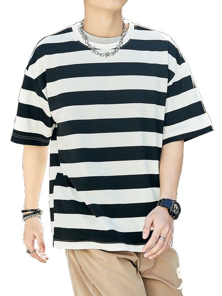 

men 1pc striped drop shoulder tee s79a#, White;black