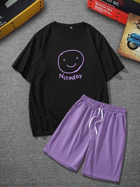 

men expression & letter graphic tee & drawstring waist shorts i24s#, Gray