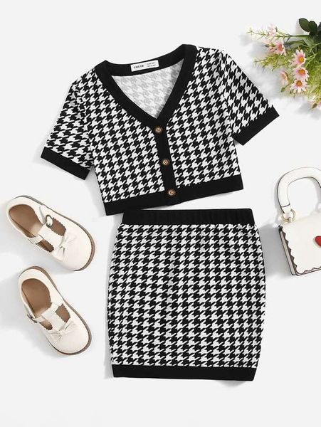 

girls houndstooth print & skirt she, White