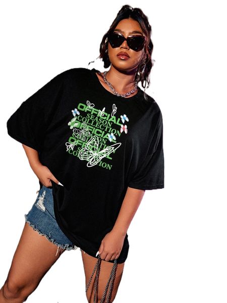 

plus butterfly & letter graphic drop shoulder tee j4oh#, Black