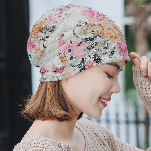 Frühling Herbst Caps 3 Farben frauen Hut Spitze Blume Beanie Schal Kappe Doppelschicht Hüte Für Frauen Gorro feminino Kopfbedeckung Beanie/Schädel Oliv22