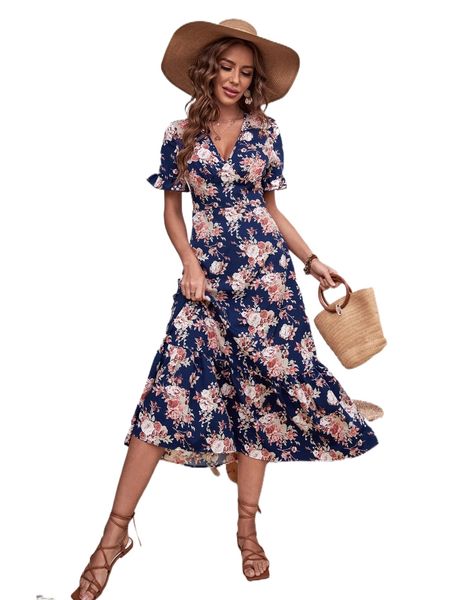 

floral print ruffle hem dress k7mr#, Black;gray