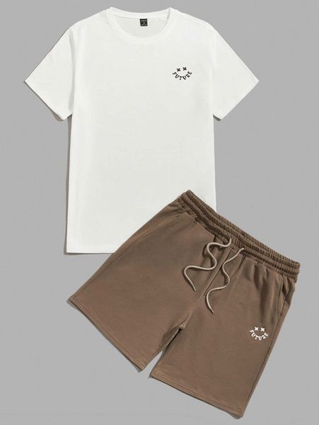 

men letter graphic tee & drawstring waist shorts x63v#, Gray