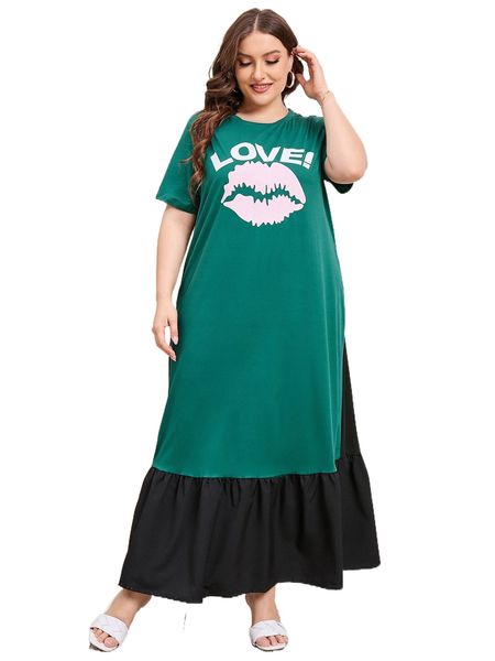 

plus letter & mouth print contrast ruffle hem dress y5ud#, Black