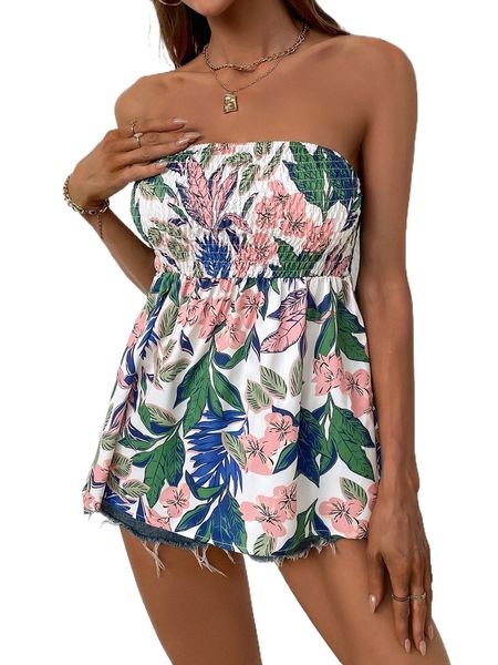 

tropical print shirred tube 051r#, White