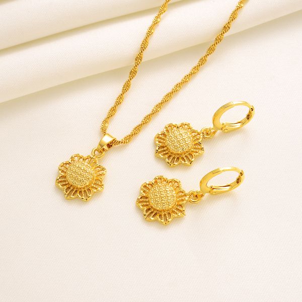 Collana da donna con ciondolo a forma di girasole, orecchini a catena, gioielli in oro giallo massiccio 24 carati
