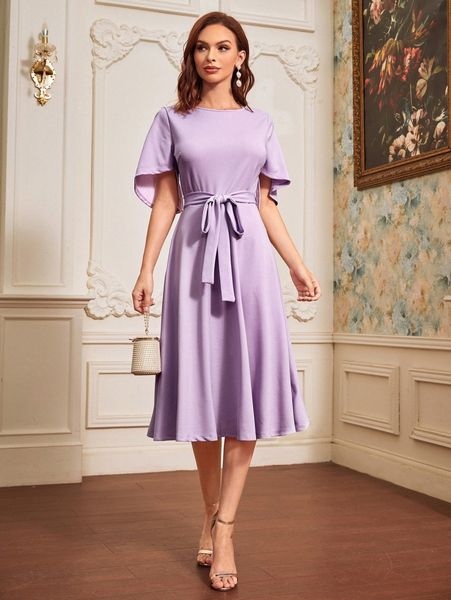 

slit flounce sleeve belt dress n5tk#, Black;gray