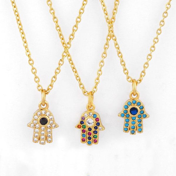 Anhänger Halsketten Mode Bunte CZ Fatima Hand Glück Halskette Männer Für Frauen Gold Überzogene Kette Eingelegten Zirkonia Hamsa Choker Schmuck geschenkPe