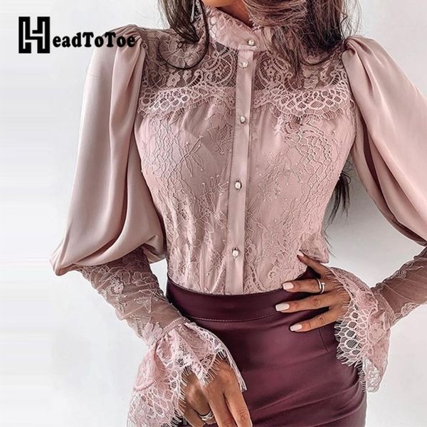 

lace patchwork puff sleeve buttoned blouse women high neck long sleeve casual blouse workwear y200422, White