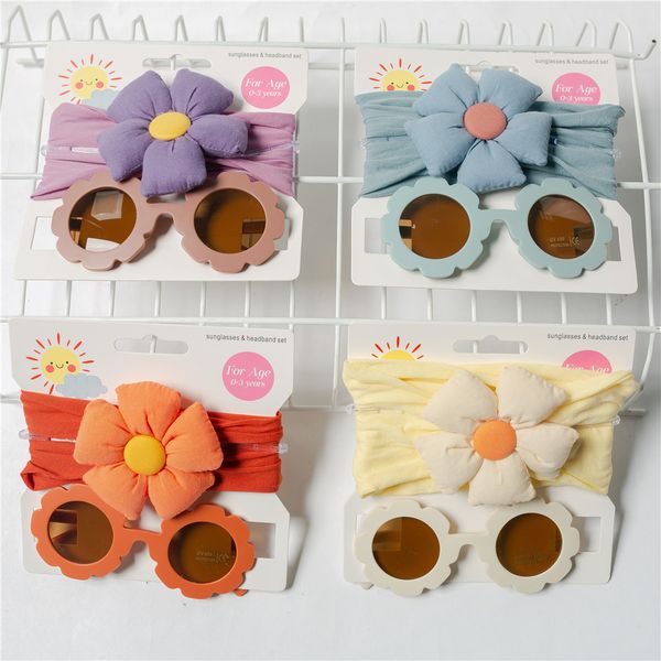 

kids headband sunglasses set girls sunflower outdoor hairband sun glasses 2pcs/set baby elastic turbans beach holiday eyewear p hair accesso, Slivery;white