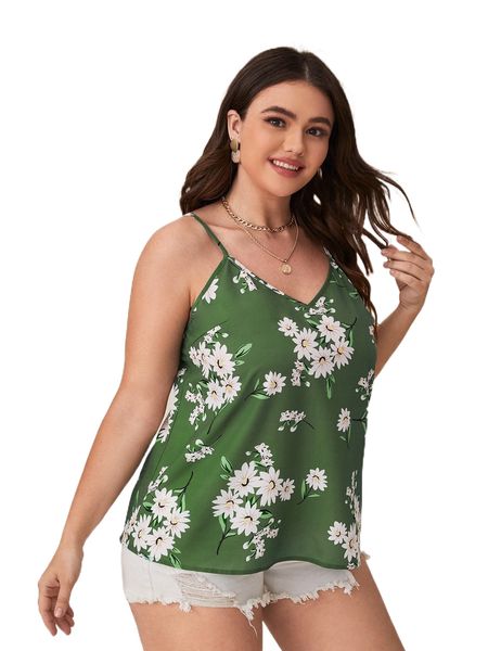

plus double v-neck floral print cami c961#, Black