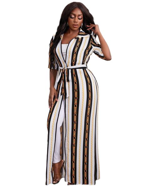 

sxy chain print belted longline blouse 94i8#, White