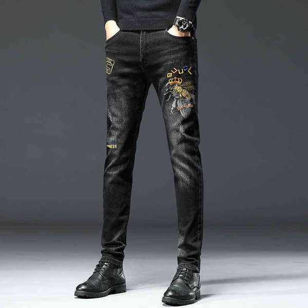 Winter Herbst Mode Jeans Herren Koreanische Version Elastische Slim Fit Little Feet Bee Gestickte Hosen