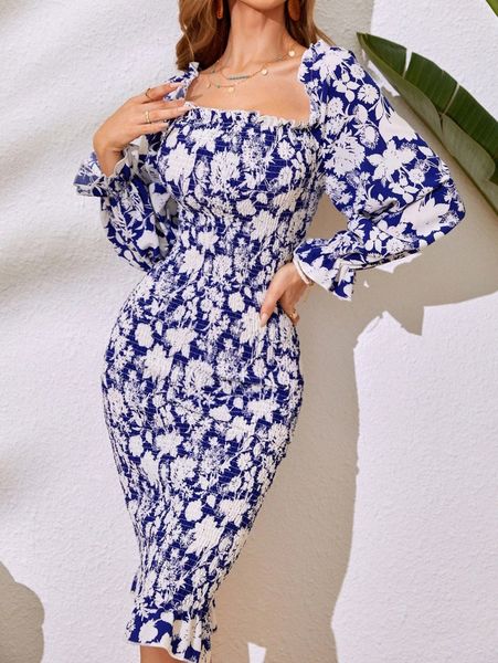 

floral print flounce sleeve shirred bodycon dress a2r5#, Black;gray