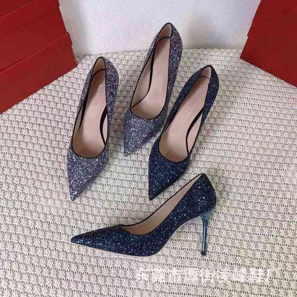 

sandals 2 high heels women's leather shallow mouth pointed thin heel black gold sequin wedding shoes bride