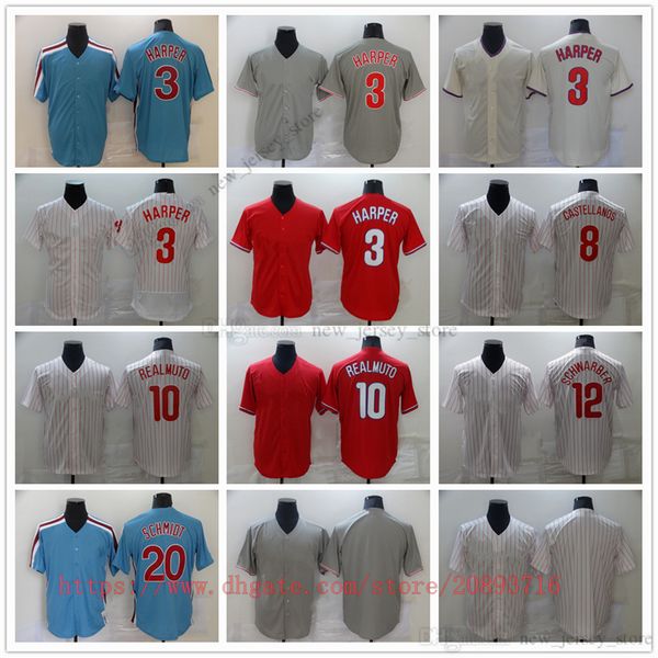 Movie College Baseball Veste Jerseys Stitched 3 BryceHarper 10 JTRealmuto 8 Castellanos 20 Schmidt 12 Schwarber Slap All Stitched Away Respirável de Alta Qualidade