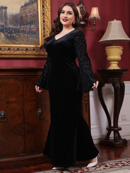 

plus velvet baroque print flounce sleeve prom dress m89f#, Black
