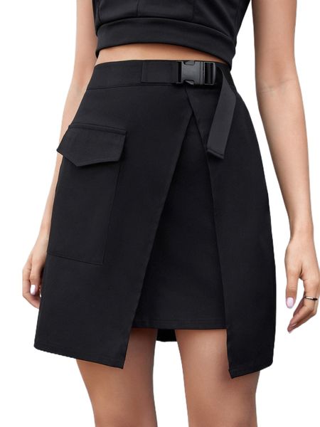 

pocket detail buckle tape skirt p4wl#, Black