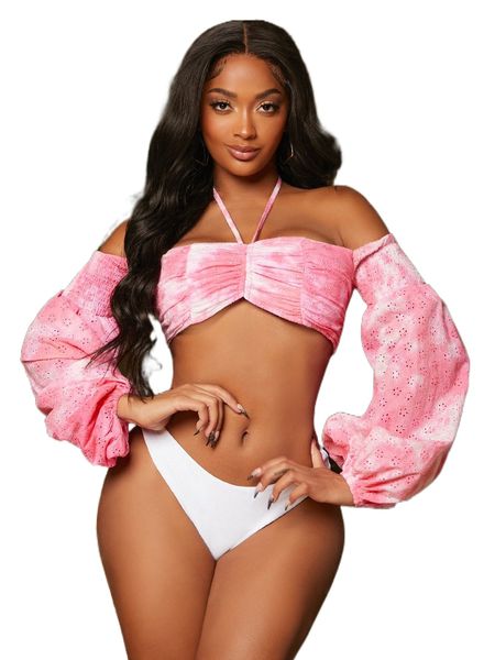 

sxy tie dye backless ruched bishop sleeve crop j7qa#, White