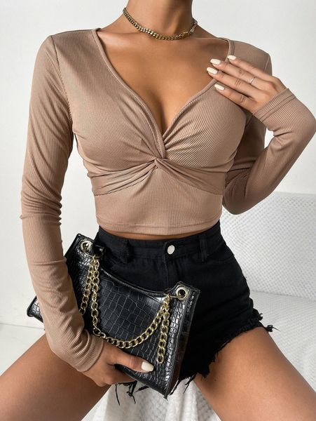 

twist front rib-knit crop tee t34p#, White