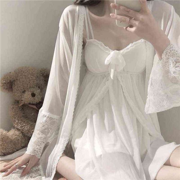 

elegant women sleepwear white chiffon robe fairy mini dress set 2 pieces nightie bow clothing princess lace nightgown, Black;red