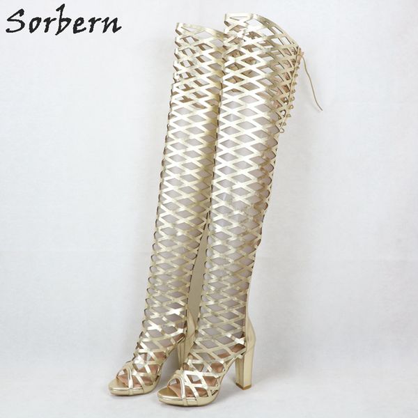 

sorbern light gold shiny boots mesh cross block heel long summer boot chunky heeled thigh high female boot custom colors, Black
