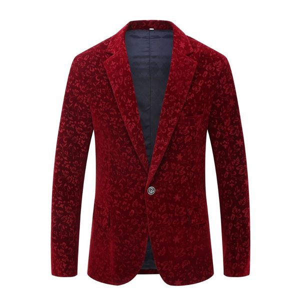 

men's suits & blazers suit singer stage performance wine red velvet flower pattern coat slim wedding suit, White;black