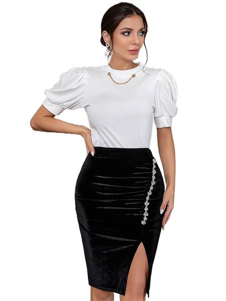 

adyce lace trim ruched slit hem velvet skirt g1dt#, Black