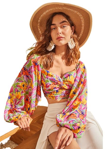 

floral print twist sweetheart neck lantern sleeve crop u3r6#, White