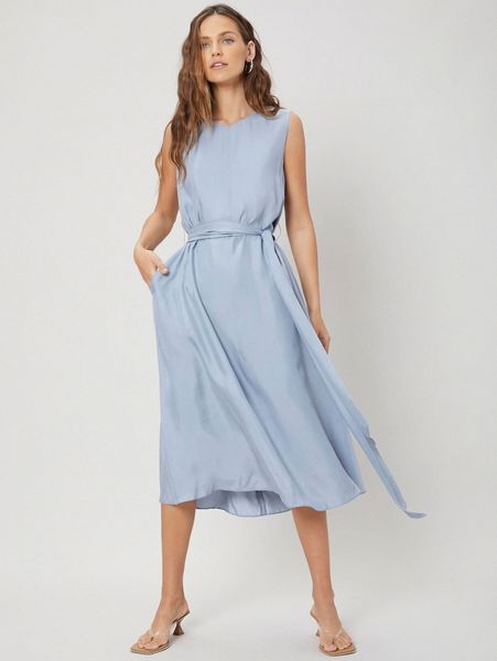 

motf premium cupro flowy belted dress 53x3#, Black;gray