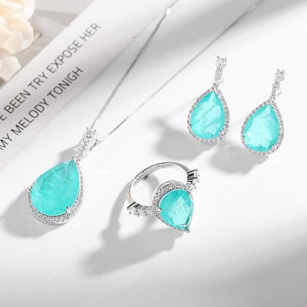 Ohrringe Halskette Süße blaue Wassertropfen Weiblicher Trend Kristall Schmuckset Sommer Statement Baumeln 925 Silber Pin OhrsteckerOhrringe