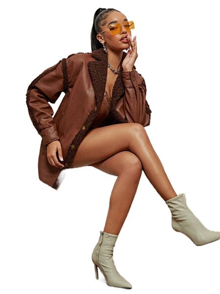 

sxy contrast shearling binding patent coat h36t#, Black