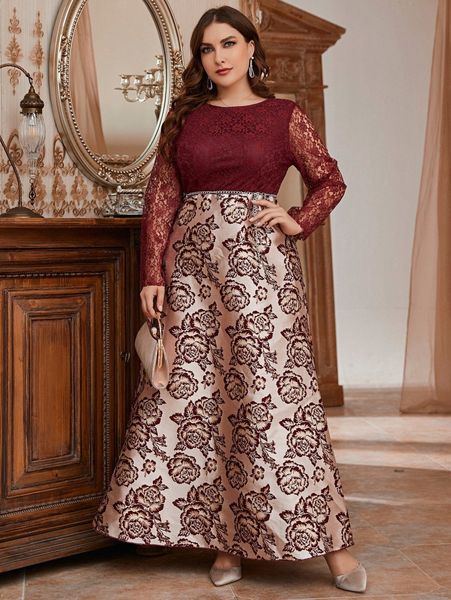 

plus floral print lace panel chain belted prom dress 82dj#, Black