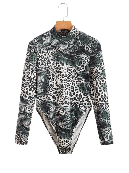 

leopard print mock neck bodysuit b5po#, White