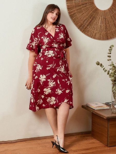 

plus wrap butterfly sleeve tie side dress t0or#, Black