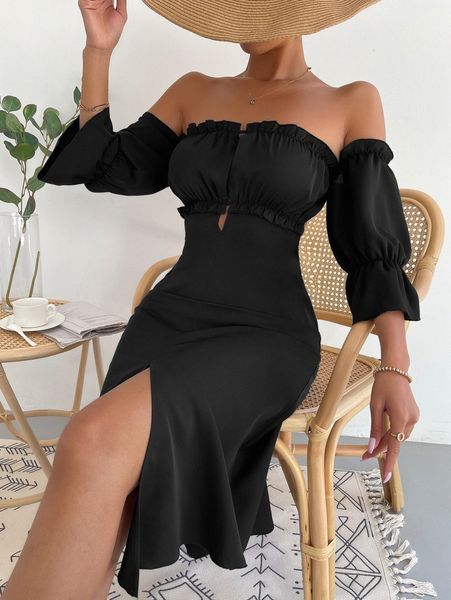 

off shoulder flounce sleeve tie backless dress r7q1#, Black;gray