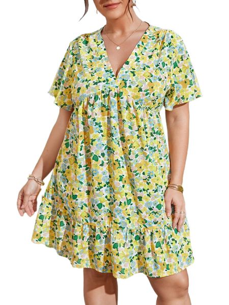 

plus allover floral print flutter sleeve ruffle hem smock dress d3sz#, Black