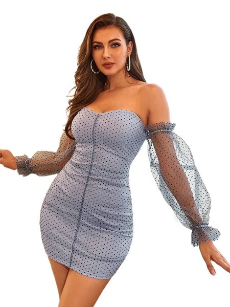 

double crazy dobby mesh off shoulder flounce sleeve bodycon dress v4ih#, Black;gray
