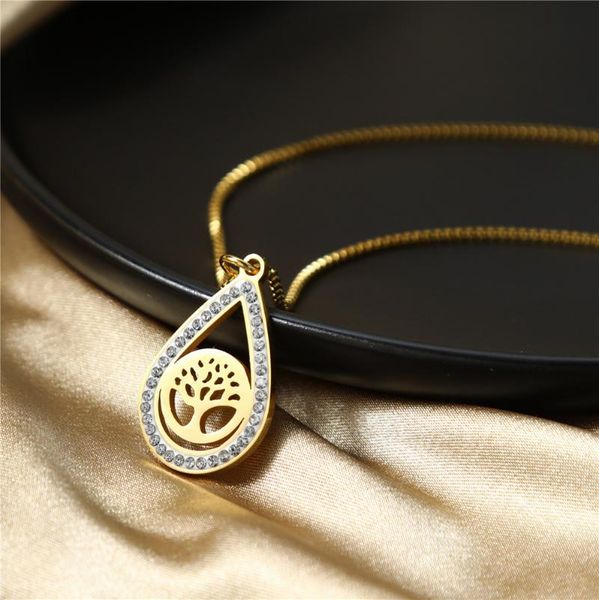 

pendant necklaces tree of life cz water drop necklace gold color bijoux collier elegant women titanium steel jewelry gifts, Silver