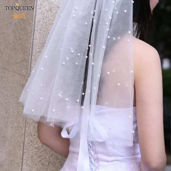Bridal Véils V07 Véu de duas camadas Cut Edge Wedding Pérolas Flores com pente de pente curto Véilbridal