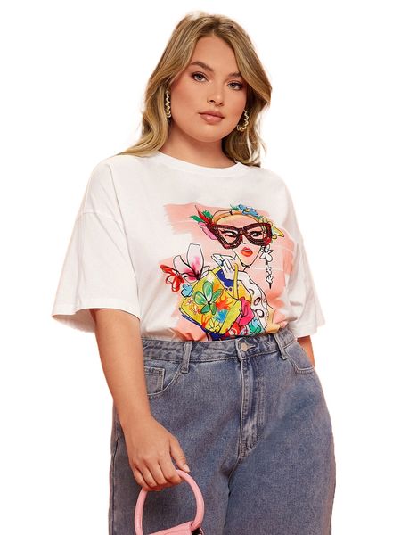 

plus figure graphic drop shoulder tee v9zw#, Black