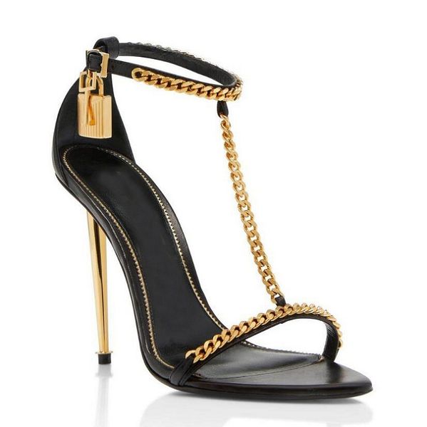 Verão marcas de luxo sandálias sapatos de salto alto festa vestido de casamento corrente de ouro lin cadeado pontiagudo nu senhora gladiador sandalias nu preto EU35-43