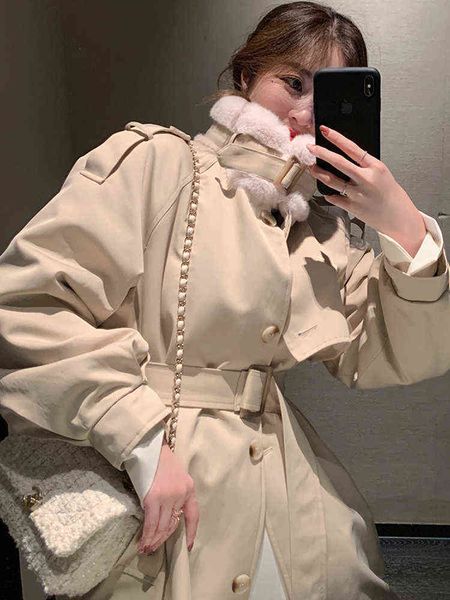 

lautaro winter long warm thick trench coat for women with faux fur inside long sleeve belt single breasted parka women fashion j220727, Black