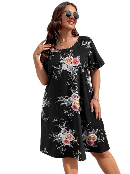 

plus floral print tunic dress j2mt#, Black
