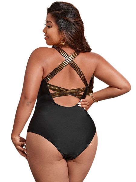 

plus striped strap crisscross cut out one piece swimsuit n67f#, White;black