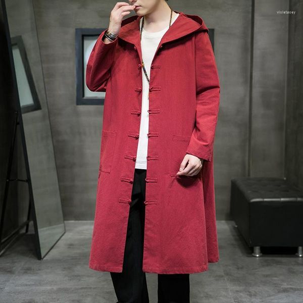 Trench da uomo 2022 Mens stile cinese con cappuccio da uomo in cotone e lino mantello cappotto di alta qualità sciolto lungo poncho maschio mantello nero frangivento Vio